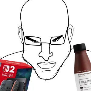 warrior-traiso, bald, closed mouth, drink, glasses, nintendo, soy, soyboy, soylent, stubble