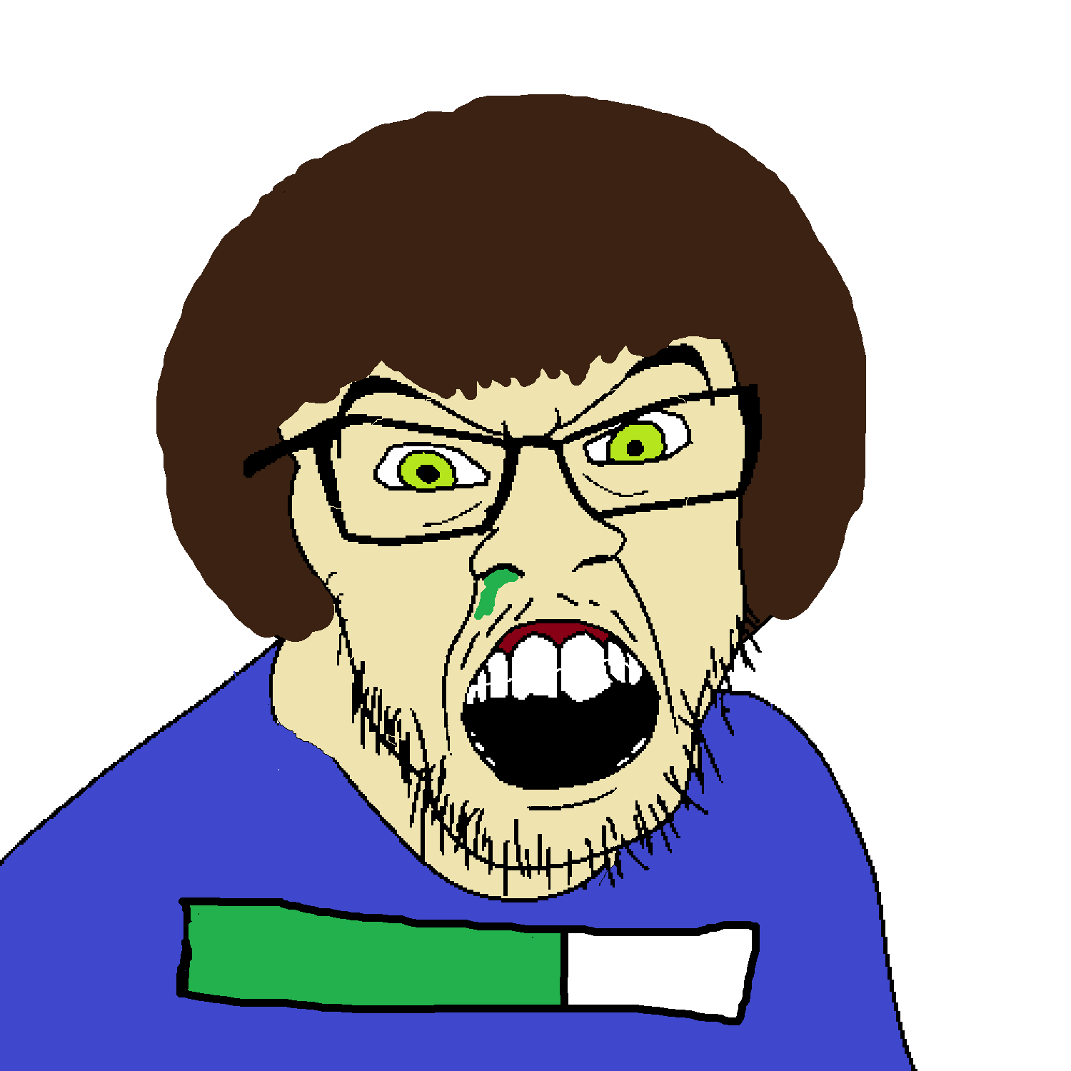 feraljak, 1soyjak, angry, blue shirt, brown hair, brunette, brunette hair, green eyes, hair, half body