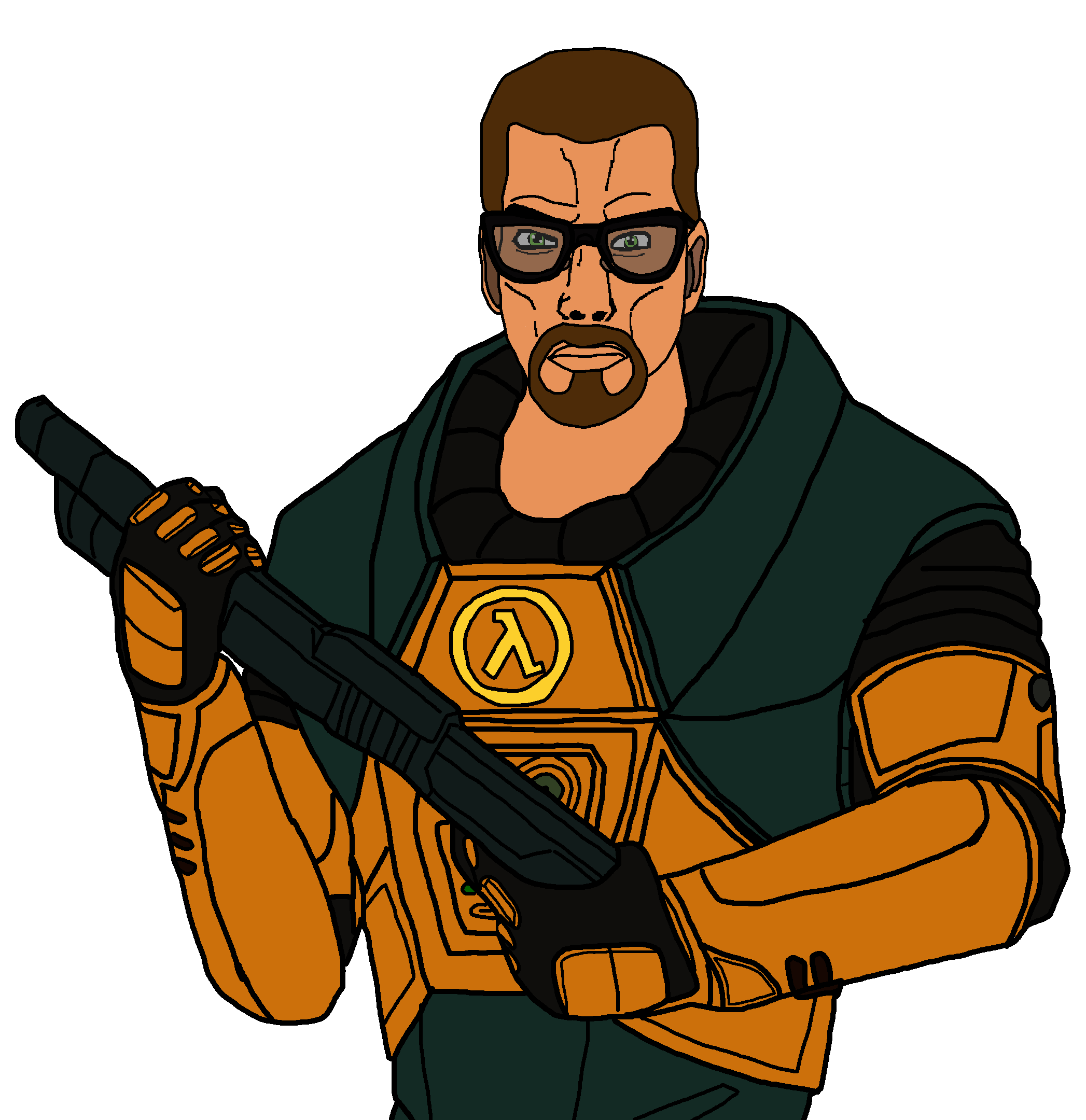 gordon freeman, chudjak, chudjak front, muscular chud, 1soyjak, angry, arm, armor, black mesa, brown hair