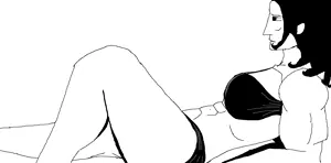 big nose, bikini, black eyes, black hair, buff, female, full body, hair, looking to the left, muscles