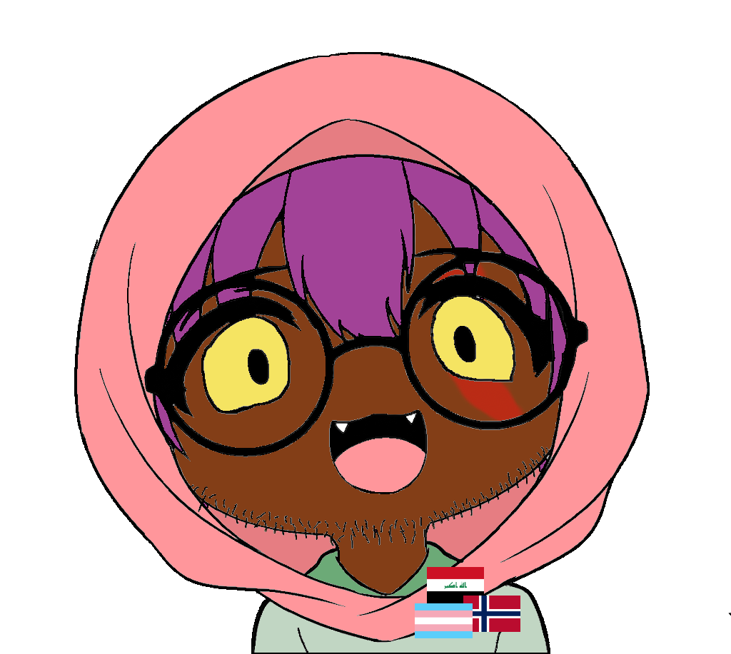 smuglet, 1soyjak, brown skin, clothes, fangs, glasses, green shirt, hair, hat, hijab