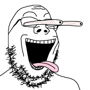 gapejak, 1soyjak, bald, black eyes, bulging eyes, looking to the right, open eyes, open mouth, smiling face, stubble