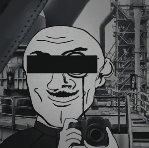 industrial uncolored_skin overall coverall shaved cleft_chin butt_chin no_beard mustache smiling happy neutral eyebrows bald censored censor_bar camera 19.gif