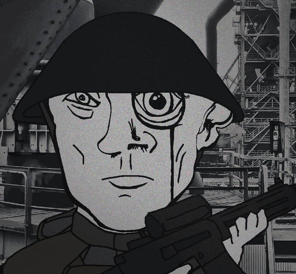 danny yn, mineral inspecteur, /nazbol/, 1984, animated, black eyes, body armor, bulletproof vest, clothes, coverall