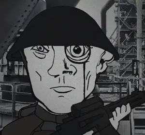 industrial uncolored_skin overall coverall shirt hood body_armor bulletproof_vest soldier no_beard shaved no_mustache frowning sad neutral eyebrows helmet black_eyes rifle gun holding_gun m16 scope 18.gif