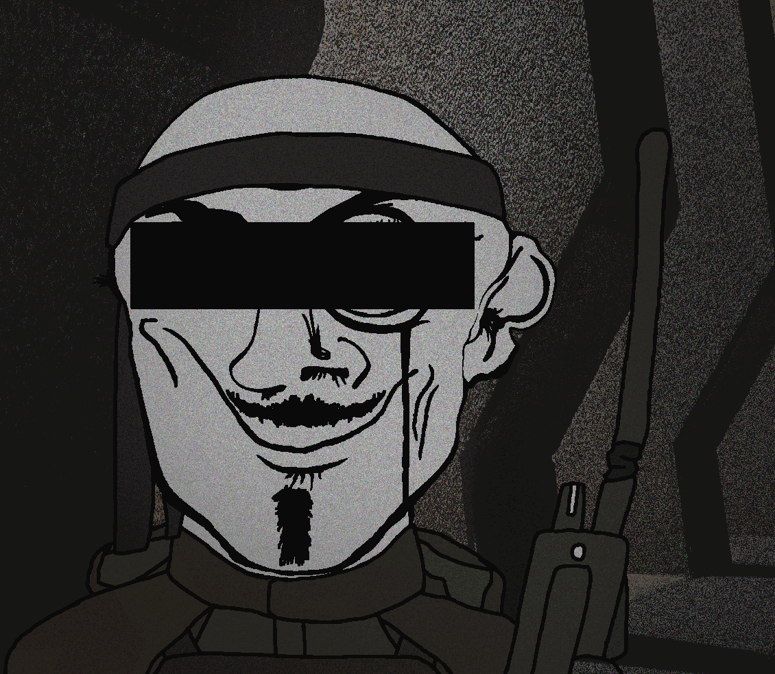 danny yn, mineral inspecteur, /nazbol/, 1984, animated, bandana, body armor, bulletproof vest, censor bar, censored
