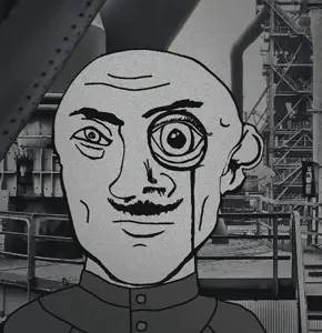 industrial uncolored_skin overall coverall buttons no_beard shaved mustache apathetic neutral eyebrows bald black_eyes holding_nothing 16.gif