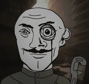 brutalism uncolored_skin overall coverall buttons shaved cleft_chin butt_chin no_beard handlebar_mustache mustache apathetic neutral eyebrows bald black_eyes wrench 14.gif