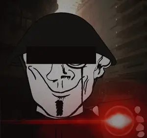 brutalism uncolored_skin black_shirt overall coverall goatee no_mustache smirk smile happy eyebrows neutral helmet censored censor_bar badge glowing 13.gif