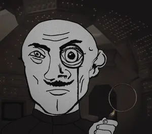 computer uncolored_skin overall coverall shaved cleft_chin butt_chin no_beard mustache frowning sad eyebrows neutral bald black_eyes magnifying_glass 11.gif