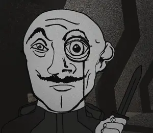 pillars uncolored_skin grey_shirt overall coverall hood shaved cleft_chin butt_chin no_beard handlebar_mustache mustache frowning sad eyebrows bald black_eyes knife 10.gif