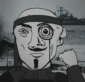 wave sea uncolored_skin overall coverall grey_shirt officer body_armor goatee mustache frowning sad neutral eyebrows bandana headband black_eyes fist 9.gif