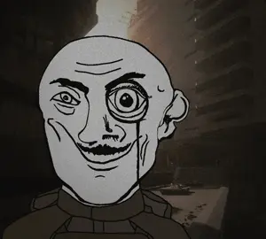 brutalism uncolored_skin overall coverall shirt hood body_armor bulletproof_vest soldier no_beard shaved mustache smirk smile happy eyebrows neutral bald black_eyes holding_nothing 8.gif