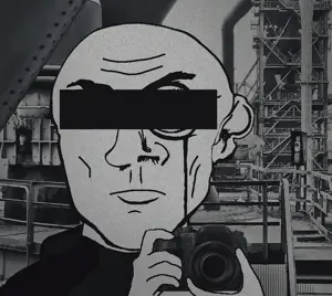 industrial uncolored_skin black_shirt overall coverall no_beard shaved no_mustache frowning sad eyebrows neutral bald censored censor_bar camera 7.gif