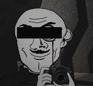 pillars uncolored_skin overall coverall grey_shirt officer gorget body_armor shaved cleft_chin butt_chin no_beard mustache smiling happy eyebrows neutral bald censored censor_bar camera 3.gif
