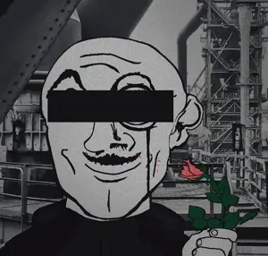 industrial uncolored_skin black_shirt overall coverall shaved cleft_chin butt_chin no_beard mustache smiling happy eyebrows bald censored censor_bar rose flower smelling 2.gif