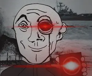 wave sea uncolored_skin overall coverall grey_shirt epic shaved cleft_chin butt_chin no_beard smiling happy eyebrows red_eyes glowing_eyes monocle bald badge glowing 19.gif