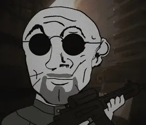 brutalism uncolored_skin overall coverall buttons dueling_scars fencing_scars scar goatee apathetic eyebrows sunglasses bald rifle gun holding_gun m16 scope 17.gif
