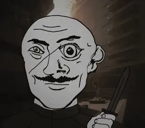 brutalism uncolored_skin overall coverall scar_over_eye scar handlebar_mustache mustache apathetic neutral eyebrows black_eyes bald knife 16.gif