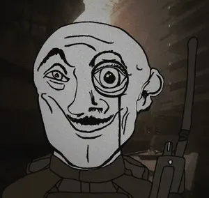 brutalism uncolored_skin overall coverall shirt hood body_armor bulletproof_vest soldier epic mustache butt_chin smirk smile happy eyebrows monocle bald multitool radio 15.gif