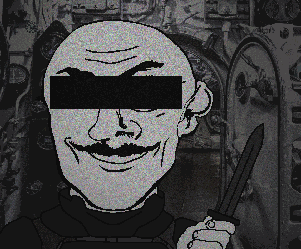 danny yn, mineral inspecteur, /nazbol/, 1984, animated, bald, body armor, censor bar, censored, coverall
