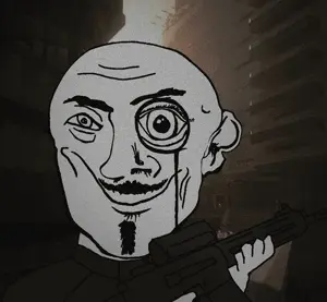 brutalism uncolored_skin overall coverall epic mustache goatee smirk smile happy neutral eyebrows monocle bald rifle gun holding_gun m16 scope 12.gif