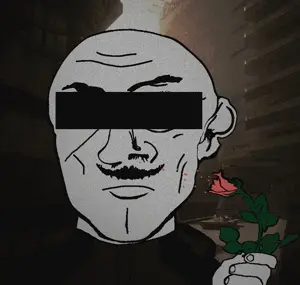 brutalism uncolored_skin black_shirt overall coverall scar_over_eye scar mustache butt_chin frowning sad neutral eyebrows censored censor_bar bald rose flower smelling 4.gif