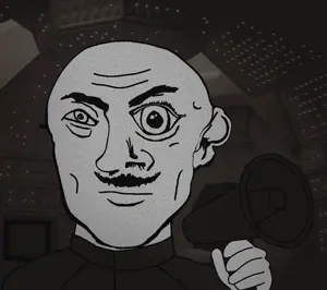 computer uncolored_skin overall coverall epic mustache apathetic eyebrows neutral black_eyes bald megaphone 3.gif