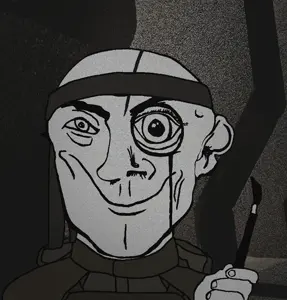 pillars uncolored_skin overall coverall shirt hood body_armor bulletproof_vest soldier scar shaved cleft_chin butt_chin no_beard smirk smile happy eyebrows neutral monocle bandana headband brush 0.gif
