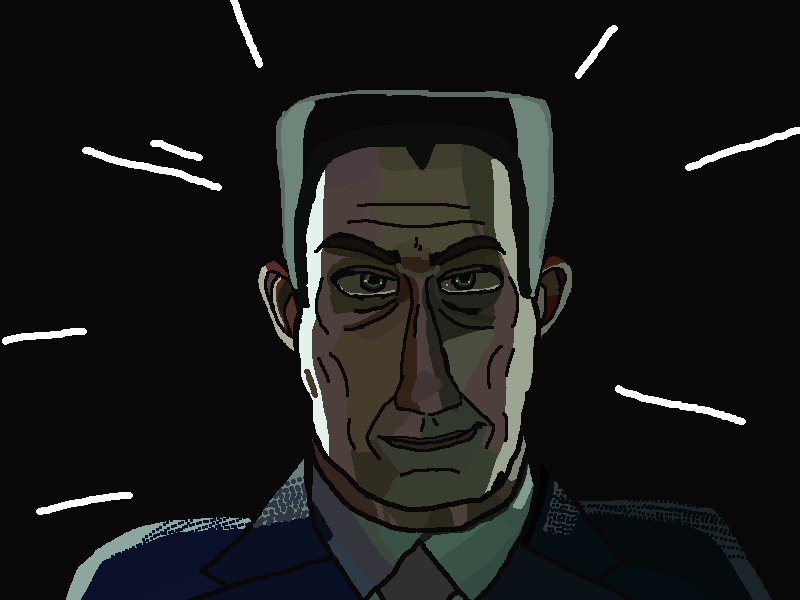 black background, black hair, closed mouth, clothes, drawing, front view, g-man, hair, looking at you, necktie