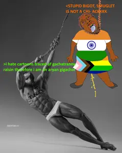 gigachad, bernd, hanging troonjak, troonjak, ack, bloodshot eyes, brown skin, buff, crying, fat