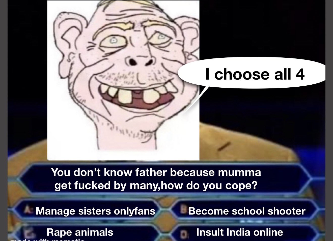 sheeeit, timmy, blonde hair, blue eyes, crooked teeth, cumskin, english text, hair, i don't not because my mother get fuc.k.ed by many, mematic