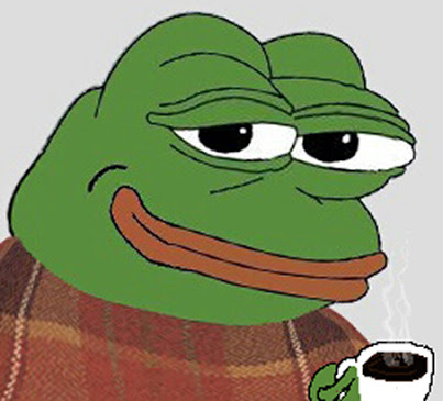 pepe, 1soyjak, amphibian, animal, bald, black eyes, blanket, blue background, closed mouth, coffee