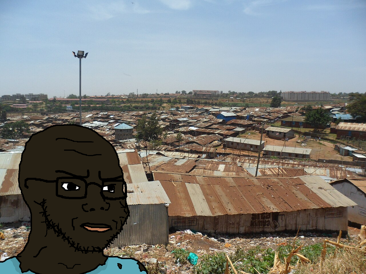 soyak, negro soyak, africa, bald, black skin, blue shirt, closed mouth, clothes, eyebrows, forehead lines