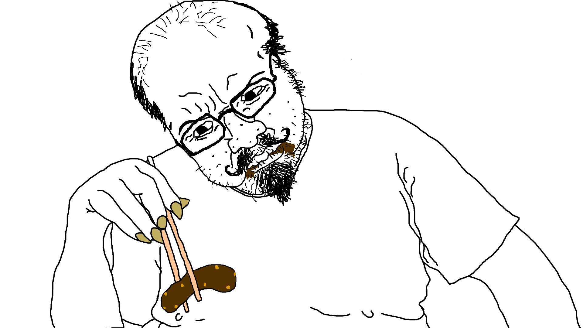 unknown, balding, closed mouth, dirty nails, eating, fat, glasses, hair, half body, holding object