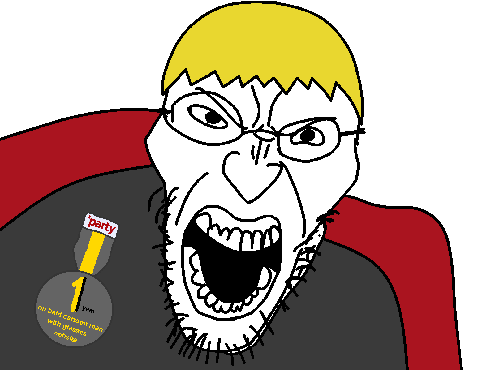 nate higgers, angry soyjak, natejak, 1 year on bald men with glasses website, angry, award, badge, blonde hair, clothes, glasses