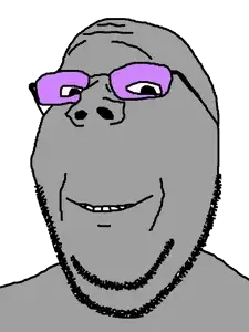 gapejak, wholesome soyjak, beard, closed mouth, glasses, gray skin, looking at you, smile, tinted glasses