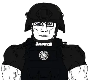 chudjak, chudjak front, muscular chud, 1soyjak, blue eyes, buff, bulletproof vest, closed mouth, clothes, combat helmet