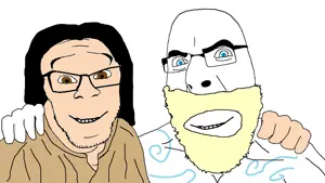 20067 - soybooru.com - 2soyjaks cobson feraljak friendship genre_defining glasses hands happy looking_at_you no_more_brother_wars smile soyjak stubble teeth template.png