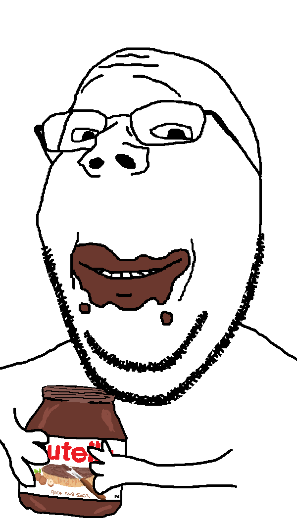 gapejak, wholesome soyjak, 1soyjak, bald, closed mouth, dirty, eating, glasses, half body, holding object