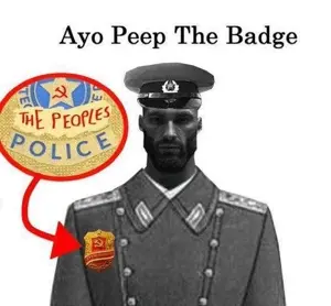 gigachad, badge, cap, clothes, communism, front view, half body, hammer and sickle, hat, looking at you
