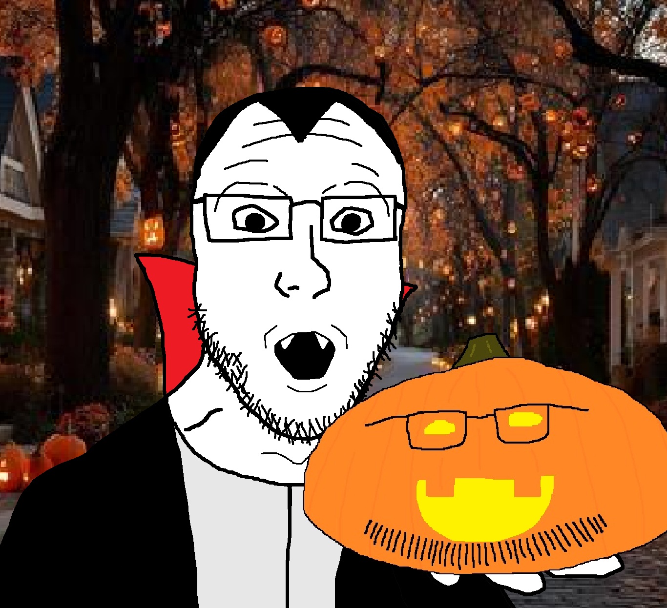 doughjak, platejak, 2soyjaks, autumn, bald, black eyes, cleavage, clothes, fangs, fat
