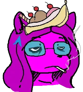 femquote, glegle, banana, banana split ice cream, black eyes, blue glasses, cat ears, cigarette, closed mouth, ear
