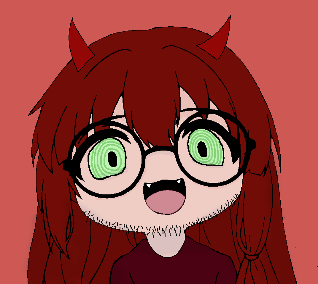 smuglet, 1soyjak, demon, front view, glasses, green eyes, hair, hypnotic eyes, long hair, looking at you