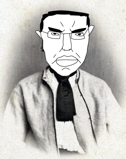 chudjak, pol face, 1soyjak, belarus, black hair, closed mouth, drawn background, front view, frown, glasses