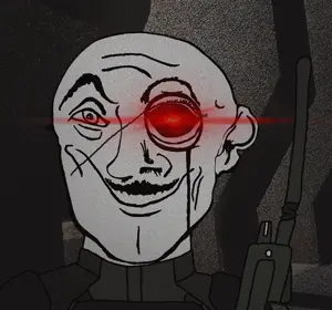 pillars uncolored_skin overall coverall grey_shirt officer body_armor scar_over_eye scar mustache butt_chin smirk smile happy eyebrows red_eyes glowing_eyes monocle bald cool multitool radio 18.gif