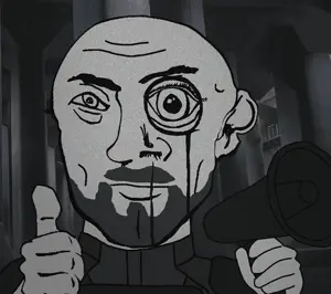 cave uncolored_skin overall coverall grey_shirt officer body_armor chin_scar scar stubble butt_chin beard apathetic neutral eyebrows monocle bald thumbs_up megaphone 15.gif