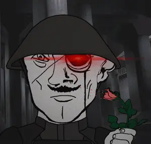 cave uncolored_skin overall coverall grey_shirt officer body_armor scar_over_eye scar no_beard mustache frowning sad eyebrows neutral red_eyes glowing_eyes monocle helmet soldier cool rose flower smelling 13.gif