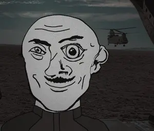helicopter uncolored_skin overall coverall grey_shirt scar eye mustache smiling happy neutral eyebrows black_eyes bald cool holding_nothing 12.gif