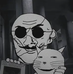 cave uncolored_skin overall coverall grey_shirt heavily_scarred scar handlebar_mustache mustache smirk smile happy eyebrows neutral sunglasses bald inspection report dossier cat subvariant:massmeowjak 11.gif